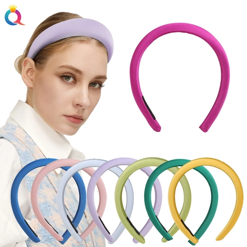Solid Color Padded Headband Satin Fabric Sponge Filled Wide Edge High Top Handmade Hair Accessory For Women