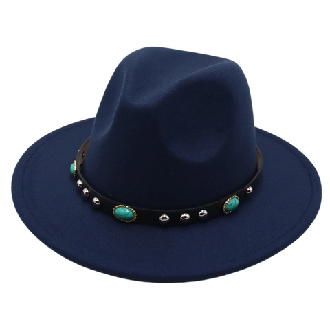 Wide Brim Fedora Hat Cotton Polyester Felt Western Cowboy With Turquoise And Metal Rivets Retro Jazz Style For Men Women