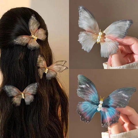 Elegant Butterfly Hair Clip With Tulle Wings And Faux Artificial Pearls Fairy Gradient Hairpin Duckbill Side Clip Women