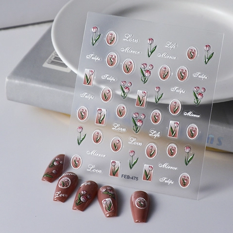5D Embossed Nail Art Stickers Self-Adhesive Floral Tulip Bow Knot Design For Women DIY Nail Decorations Accessories