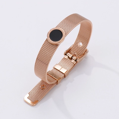 Bracelet En Maille D'acier Inoxydable Avec Charme Rond Noir À Chiffres Romains Style Bracelet De Montre Réglable Pour Femmes