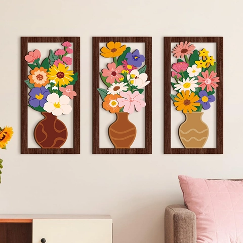 Juego Decoración Pared Madera Florero Hueco 3D Bohemio Placa Colgante Madera Floral Retro para Sala de Estar Dormitorio Oficina Hogar