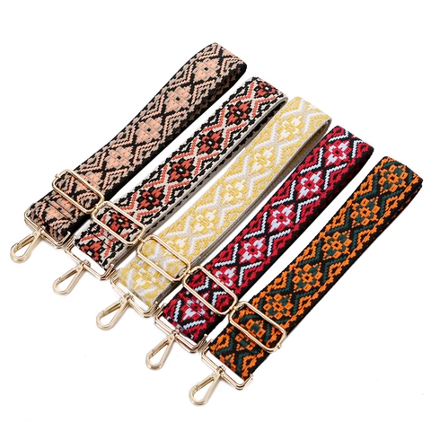 Bag Strap Canvas Wide Adjustable Thick Fabric Ethnic Bohemian Jacquard Replacement Crossbody Handbag Accessories Metal Hook
