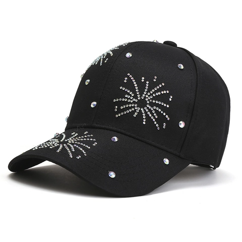 Baseball Cap Polyester Rhinestone Firework Pattern Breathable Sun Protection Adjustable Metal Buckle Hip Hop Street Style
