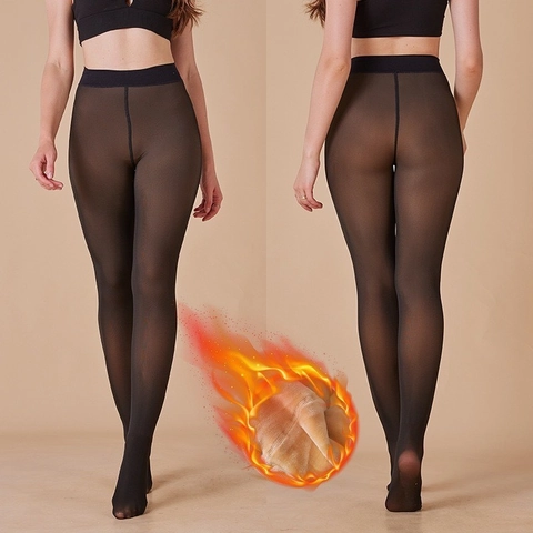 Women Fake Translucent Fleece Lined Tights High Waist Footed Slimming Compression Winter Thermal Leggings Nylon Spandex