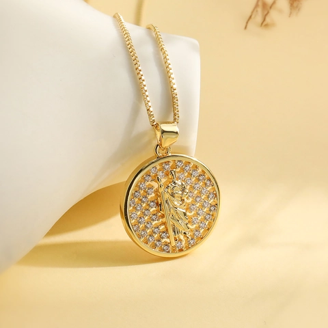 Virgin Mary Pendant Necklace 18K Gold Plated Copper Round Medal Relief Colorful Zircon Religious Jewelry Women Retro