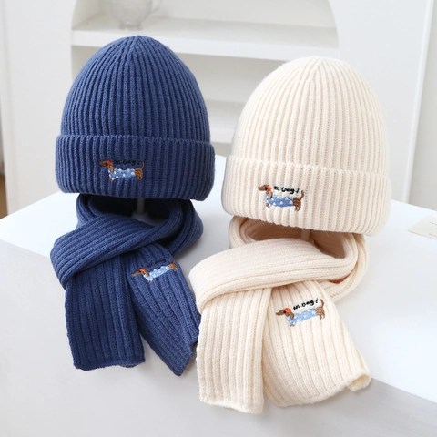 Gorro Y Bufanda De Punto De Invierno Para Niños Bordado Perro Salchicha Color Sólido Accesorio Cálido