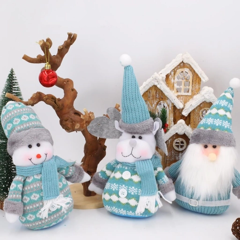 Christmas Knitted Plush Dolls Snowman Reindeer Gnome Desktop Ornaments Blue White Nordic Holiday Home Decor