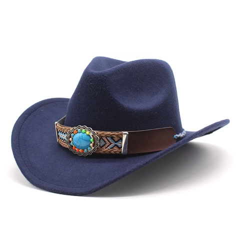 Western Cowboy Hat Felt Wide Brim Ethnic Band Turquoise Decorative Outdoor Sun Protection Vintage Style For Men Women