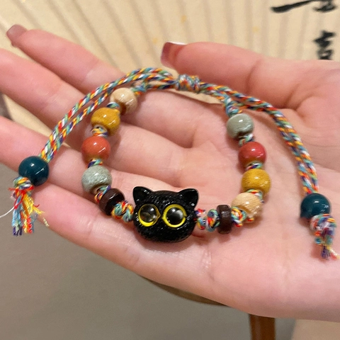 Cute Black Cat Ceramic Beaded Bracelet For Women Girls Adjustable Colorful Braided Rope Sweet Ethnic Style Jewelry