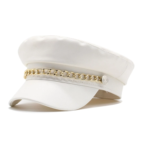 PU Leren Newsboy Cap Met Metalen Kettingdecoratie Retro Marine Militair Hoed Voor Dames