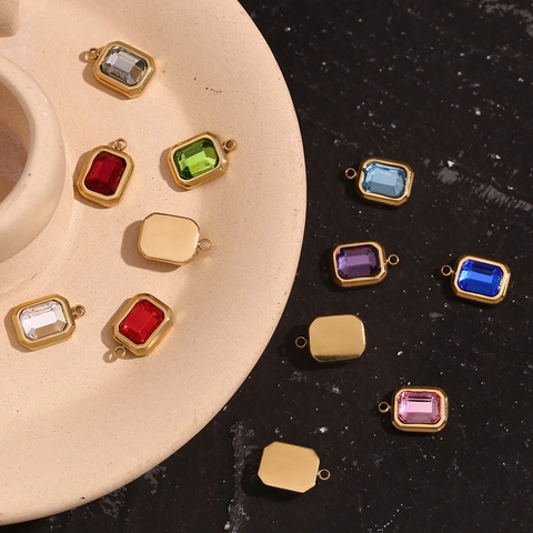 Rectangular Gemstone Pendant Stainless Steel 18K Gold Plated Emerald Cut Glass Charm For DIY Jewelry Making Accessories
