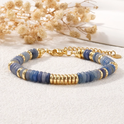 Natuursteen Kyaniet Kralen Armband Met Roestvrijstalen Tussenkralen 14K Vergulde Verlengketting Minimalistisch Boheemse Sieraden Vrouwen Cadeau