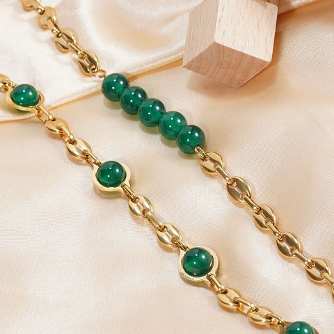 Bracciale Vintage in Acciaio Inossidabile Placcato Oro 18K per Donna Elegante Catena a Chicco di Caffè Perle in Giada Artificiale Verde