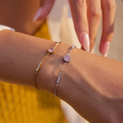 Stainless Steel Bracelet With Pink Round Zircon And Pave Bar Charms Elegant Light Luxury Hand Jewelry For Women
