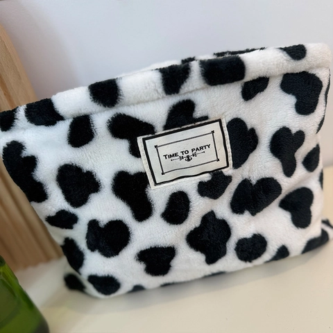 Borsa Per Trucco In Peluche Con Stampa Mucca Pochette Per Cosmetici Morbida Con Cerniera Organizzatore Da Viaggio Portatile