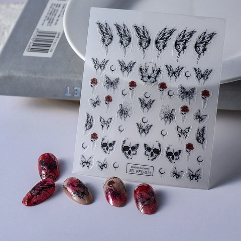 Pegatinas De Uñas De Mariposa Gótica Relieve 5D Rosa Oscura Luna Diseño Autoadhesivo Decoración Manicura