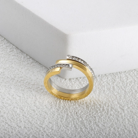 Modern Stainless Steel Rhinestone Encrusted Dual Color Open Ring For Women Minimalist Geometric Multi Layer Finger Jewelry Gift