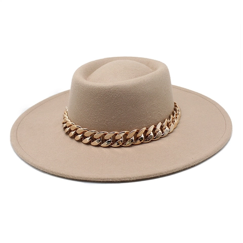 Boater Hat Woolen Felt Wide Brim Flat Top With Thick Gold Chain Decoration Vintage Fedora For Women Men Autumn Winter
