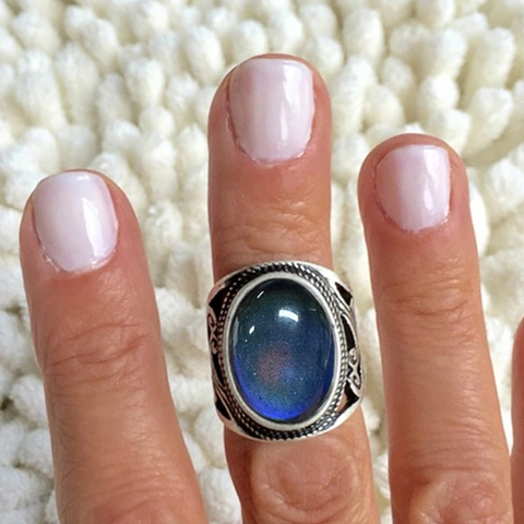 Vintage Oval Mood Ring For Women Color Changing Copper Antique Silver Plated Hollow Out Bohemian Jewelry