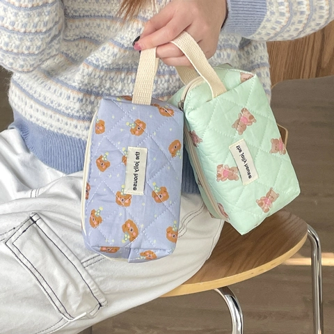 Trousse De Toilette Matelassée Ours Dessin Animé Mignon Sac De Rangement Voyage Organisateur Maquillage Style Coréen