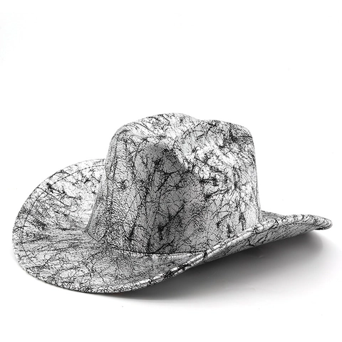 Chapeau De Cow-Boy Western À Bord Large Texture Craquelée Vintage Similicuir Protection Solaire Extérieure Style Rétro