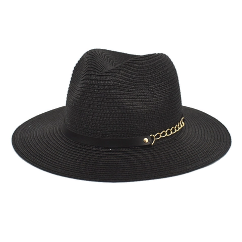 Straw Fedora Hat Summer Beach Sun Protection Hat With Gold Metal Chain Foldable Breathable Elegant Jazz Cap For Travel