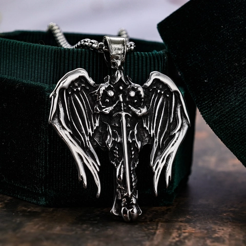 Vintage Gothic Angel Wing Sword Cross Pendant Necklace Stainless Steel Punk Rock Jewelry For Men Women