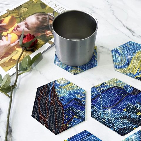 DIY Diamond Painting Coasters Kit Hexagon Resin Rhinestone Wooden Base Mandala Art Desktop Decoration Handmade Gift