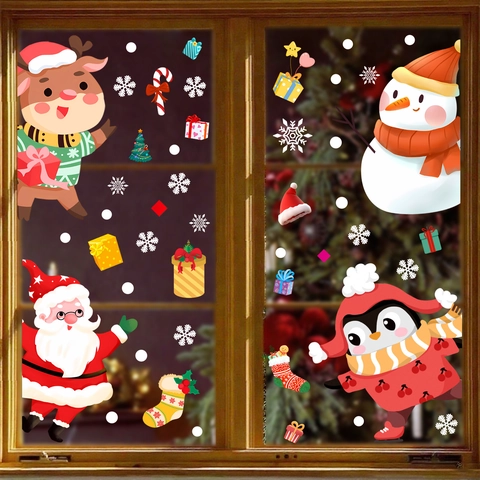 Christmas Window Stickers PVC Static Cling Santa Claus Reindeer Snowman Glass Door Decals Holiday Home Decoration