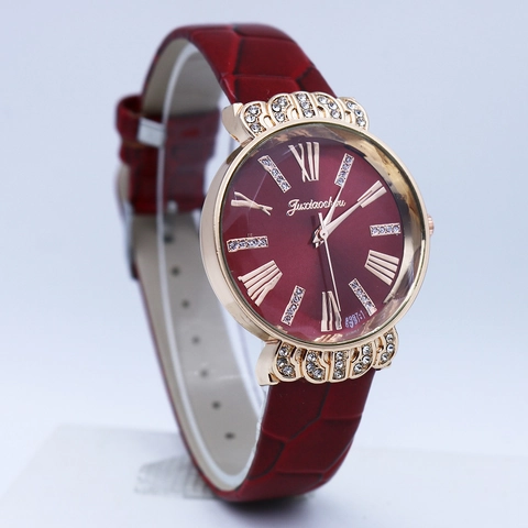 Damen Quarzuhr Legierung Gehäuse Straßsteine Krone Römische Ziffern PU Lederarmband Mode Lässige Armbanduhr