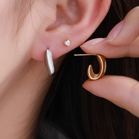 Pendientes de Botón en Forma de C de Acero Inoxidable Minimalista para Mujer Chapado en Oro 14K Plata Textura de Onda