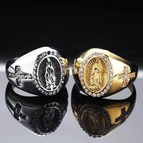 Anello Croce Vergine Maria Vintage In Acciaio Inossidabile Con Strass Gioielli Religiosi Per Uomo