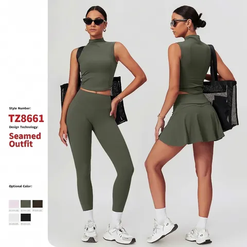 Women Sports Yoga Workout Sleeveless Mock Neck Short Sleeve Top And High Waist Leggings Skort Brushed Elastic Fitness Gym Apparel