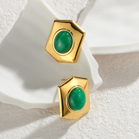 Joyas Geométricas Hexagonales de Acero Inoxidable Bañadas en Oro de 18K Vintage Pendientes de Botón con Strass Verdes Collar Anillo Abierto Mujer