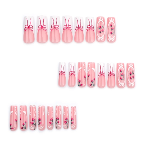 Long Coffin Press On Nails Pink French Strawberry Pattern Bow 3D Artificial Pearl Decorative Artificial Fake Nails For Women