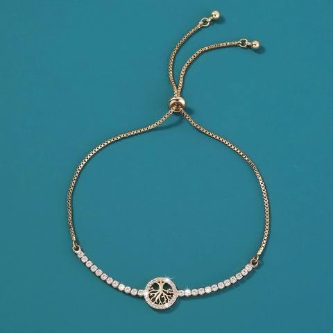 Trendy Luxury Tree Of Life Gold Bracelet For Women Adjustable Micro Pave Rhinestone Charm Bracelet Fashion Jewelry Gift