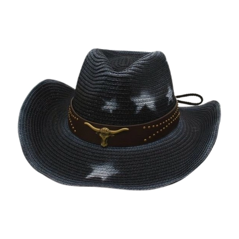 Western Cowboy Straw Hat Star Print Bull Head Metal Decor Faux Leather Belt Adjustable Windproof Rope Beach Sun Hat