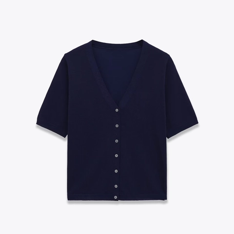 Women Short Sleeve Knit Cardigan V Neck Button Down Solid Color Polyester Casual Summer Sweater Top Navy Blue