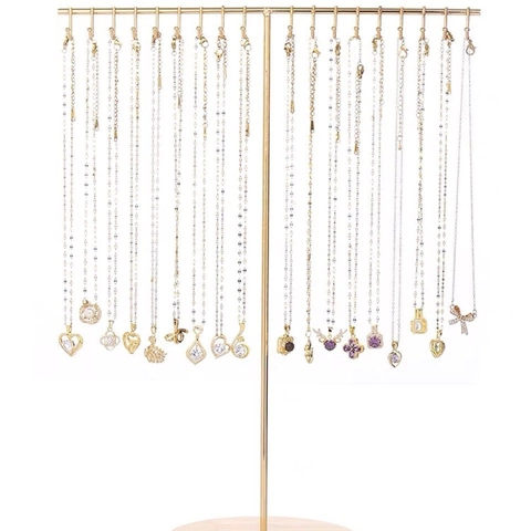 T-Shape Necklace Display Stand Metal Jewelry Organizer Rack With Round Wood Base Multi Hooks Detachable Minimalism