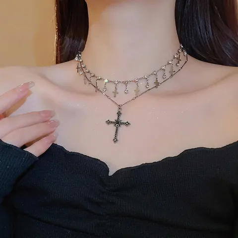 Collana Con Pendente A Croce A Doppio Strato Vintage Gotico Lega Intarsiato Strass Vetro Gioielli Donna
