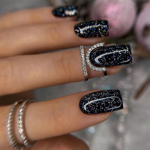 Black Glitter Press On Nails Long Square Full Cover Starry Sky Shimmer Fake Nails For Women