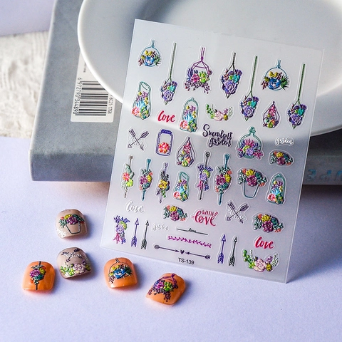 5D Geprägte Nagelkunst Aufkleber Sukkulenten Garten Blumen Design DIY Maniküre Dekoration 3D Klebebilder Floral