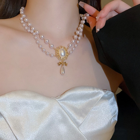 Double Layer Faux Artificial Pearl Necklace With Alloy Bow Teardrop Pendant Vintage French Style Elegant Clavicle Chain For Women