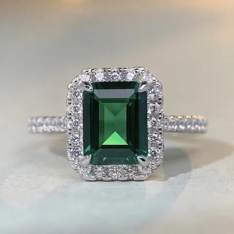 Bague Classique Pierre Verte Taille Émeraude Argent Sterling 925 Design Halo Bijoux Mode Pour Femmes Élégantes