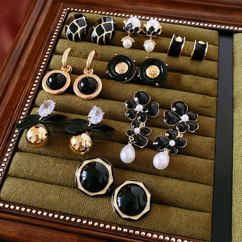 Retro Geometrische Schwarze Emaille Ohrringe Mit 925 Silber Ohrstecker Künstliche Perlenimitat Strass Luxus Schmuck Für Damen
