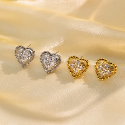 Orecchini A Lobo Cuore Zirconia Fiore Rame Retrò Stile Francese Elegante Accessorio Donna
