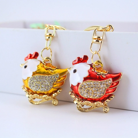 Lindo Llavero de Gallina de Esmalte Strass Gallo del Zodiaco de Metal Colgante de Bolso de Aleación de Zinc Llavero Galvanizado Mujer