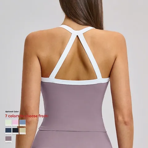 Débardeur De Sport Yoga Pour Femmes Sensation Nue Dos Nageur Découpé Haut De Fitness Nylon Élasthanne Color Block Course Gym