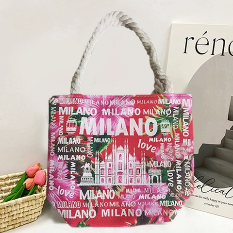 Women Canvas Tote Bag Floral Milano Print Cotton Rope Handle Zipper Closure Casual Shopping Beach Handbag